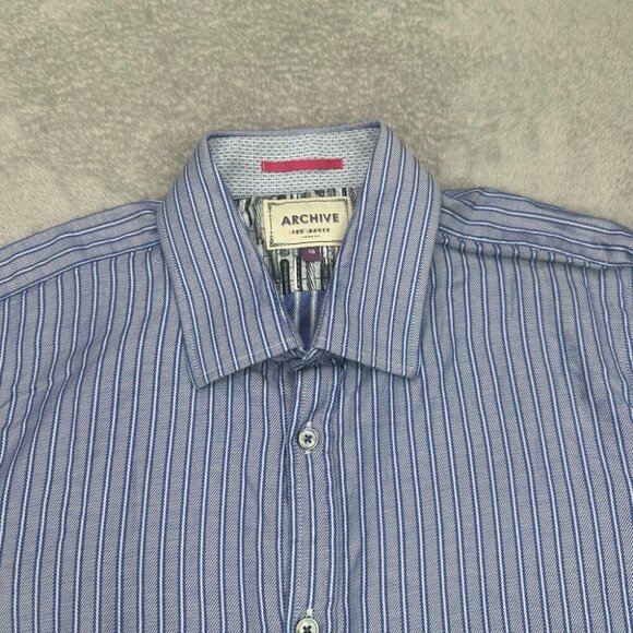Ted Baker Archive Shirt Mens Size 16 Blue Striped Preppy Long Sleeve Herringbone - Picture 3 of 15